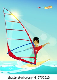 Windsurfing. Cartoon stylized summer poster. Vector illustration. Young wind-surfer. Helicopter with "Summer" banner. Sport life. Enthusiasm. Passion.