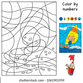 Windsurfing. Color by numbers. Educational puzzle game for children. Coloring book. Cartoon vector illustration