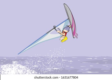 Windsurfing competitor took advantage of the force of the wind and waves to make a great jump in the air over the sea with his windsurfing board. Vector illustration in cartoon style in EPS 10.