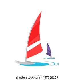 Windsurfing conceptual vector. Flat style design. Active vacation on tropical sunny seaside. Water sport and entertainment. Swimming and windsurfing on the coast Isolated on white background.