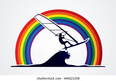 Windsurfing designed on line rainbows background graphic vector.