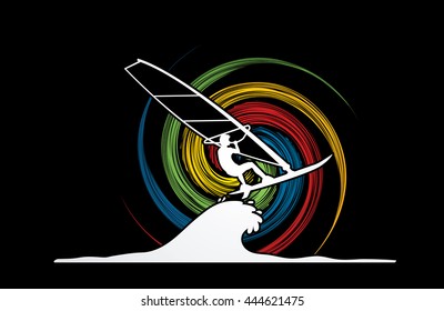 Windsurfing designed on spin wheel background graphic vector.