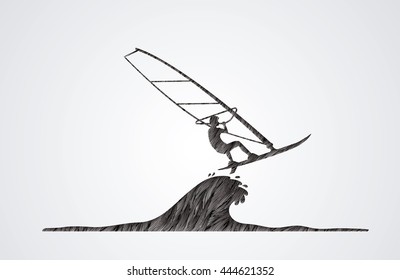 Windsurfing designed using black grunge brush graphic vector.