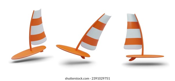 Windsurfing in different positions in white and orange colors. Board with sail for swimming on water. Extreme sea sport concept. Vector illustration in 3d style on white background