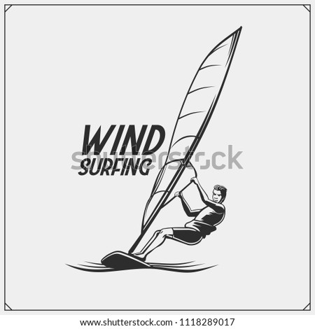 Windsurfing emblem and label. Vector illustration.