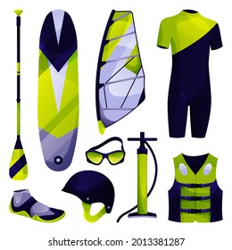 Equipamiento para hacer windsurf, juego de herramientas deportivas. Iconos vectores planos de tabla de surf, plataforma y paleta, traje de baño, casco, abrigo de rescate, gafas de sol, zapato y bomba de mano. Deportes acuáticos terrestres o actividades recreativas.