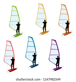 Windsurfing Figure Colorful Flat Vector Set