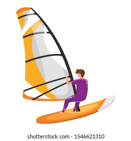 Windsurfing flat vector illustration. Extreme sports experience. Summer outdoor fun activities. Man balancing on surfing board. Sportsman isolated cartoon character on white background