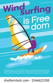 Windsurfing is freedom poster vector template. Watersport. Brochure, cover, booklet page concept design with flat illustrations. Extreme sport. Advertising flyer, leaflet, banner layout idea