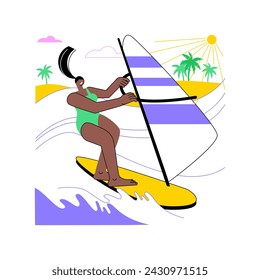 Windsurfing fun isolated cartoon vector illustrations. Girl windsurfing during summer vacation, travel with fun, sailboarding watersports holidays, recreational extreme sport vector cartoon.