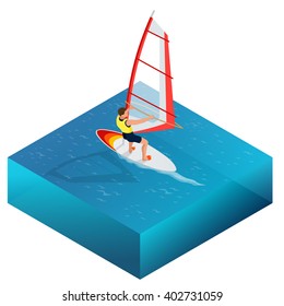 Windsurfing, Fun in the ocean, Extreme Sport, flat 3d vector isometric illustration