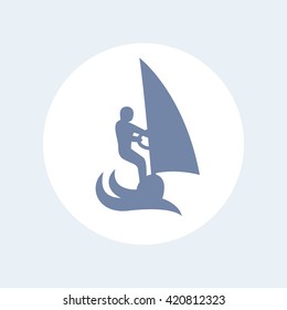 Windsurfing icon, windsurfer vector pictogram, man on board with sail icon isolated on white, vector illustration