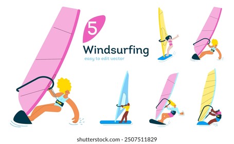 Windsurfing illustrations collection. Happy females windsurfing, standing on a sail board. Outdoor water sport activities. Modern flat vector illustration.