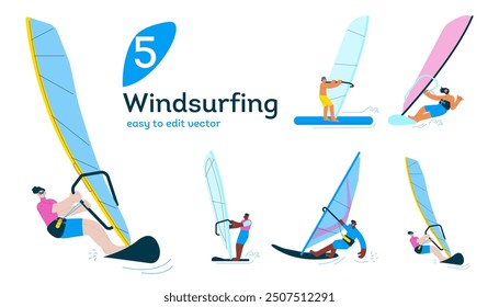 Windsurfing illustrations collection. Happy males windsurfing, standing on a sail board. Outdoor water sport activities. Modern flat vector illustration.