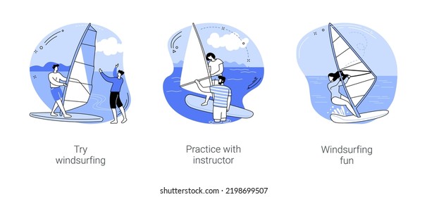 Windsurfing Isolated Cartoon Vector Illustrations Set. Man Having First Class, Learn Basic Techniques, Practice With Instructor, Having Fun, Riding Waves, Extreme Water Sport Vector Cartoon.