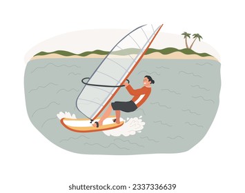 Ilustración vectorial de concepto aislado de windsurf. Deporte acuático, estilo de vida extremo, aventura marítima, kite surf, ola oceánica, vacaciones en la playa, velero atleta, concepto de vector de viento tropical.