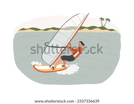 Windsurfing isolated concept vector illustration. Water sport, extreme lifestyle, sea adventure, kite surfing, ocean wave, beach holiday, sailboarding athlete, tropical wind vector concept.