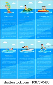 Windsurfing and jet ski posters collection, banana boat and swimming, boating and wakeboarding, set vector illustration isolated on blue background