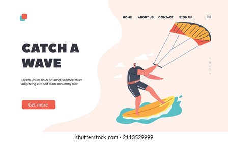 Plantilla de página de aterrizaje para windsurf. Recreación de Surf Wind en el Océano. Personaje de joven surfista en natación con ola de pesca a bordo con paracaídas. Diversión extrema de vacaciones. Ilustración del vector de dibujos animados