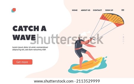 Windsurfing Landing Page Template. Wind Surfing Recreation in Ocean. Young Man Surfer Character in Swim Wear Catching Wave on Board with Parachute. Vacation Extreme Fun. Cartoon Vector Illustration