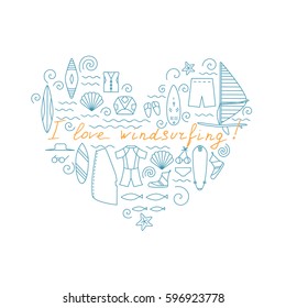 Windsurfing line icons. Vector Summer Surf concept in the form of heart.
