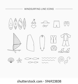 Windsurfing line icons. Vector Summer Surf collection.