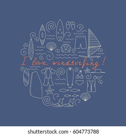 Windsurfing line icons. Vector Summer Surf concept.