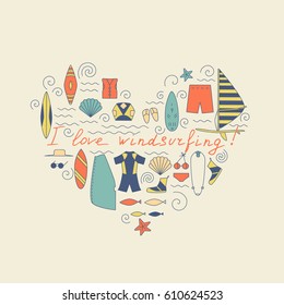 Windsurfing line icons. Vector Summer Surf concept.