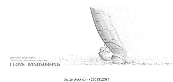 Windsurfing. Man on sailboard surfing on the sea. Extremal sport activity, sailing windsurf, vacation on ocean, outdor adventure, fun rest, speed and power concept. Abstract low pole illustraition.