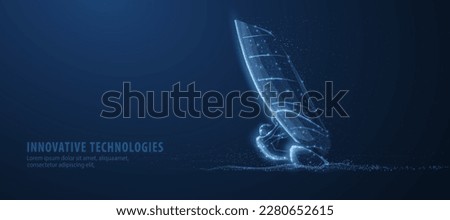 Windsurfing. Man on sailboard surfing on the sea. Extremal sport activity, sailing windsurf, vacation on ocean, outdor adventure, fun rest, speed and power concept. Abstract low pole illustraition.