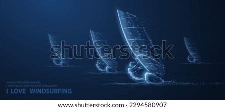Windsurfing. Man on sailboard surfing on the sea. Extremal sport activity, sailing windsurf, vacation on ocean, outdor adventure, fun rest, speed and power concept. Abstract low pole illustraition.