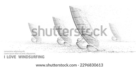 Windsurfing. Mans on sailboards surfing on the sea. Extremal sport activity, sailing windsurf, vacation on ocean, outdor adventure, fun rest, speed and power concept. Abstract low pole illustraition.