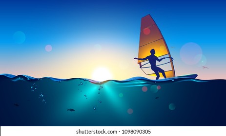 Windsurfing on sea landscape and clear sky background. Man Windsurfer on the Board with a sail floating on the sea at sunset.