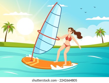 Windsurfing with the Person Standing on the Sailing Boat and Holding the Sail in Extreme Water Sport Flat Cartoon Hand Drawn Templates Illustration
