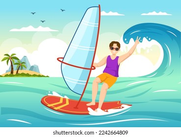 Windsurfing with the Person Standing on the Sailing Boat and Holding the Sail in Extreme Water Sport Flat Cartoon Hand Drawn Templates Illustration