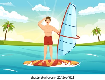 Windsurfing with the Person Standing on the Sailing Boat and Holding the Sail in Extreme Water Sport Flat Cartoon Hand Drawn Templates Illustration