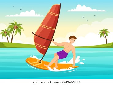 Windsurfing with the Person Standing on the Sailing Boat and Holding the Sail in Extreme Water Sport Flat Cartoon Hand Drawn Templates Illustration