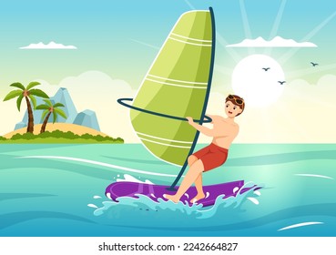 Windsurfing with the Person Standing on the Sailing Boat and Holding the Sail in Extreme Water Sport Flat Cartoon Hand Drawn Templates Illustration