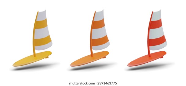 Windsurfing in red, orange, and yellow colors. Board with sail for swimming. Concept of sea sport. Vector illustration in 3d style on white background with shadow