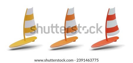 Windsurfing in red, orange, and yellow colors. Board with sail for swimming. Concept of sea sport. Vector illustration in 3d style on white background with shadow