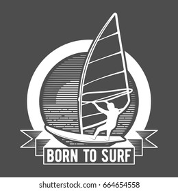 windsurfing retro label, badge. Vintage surf design elements.