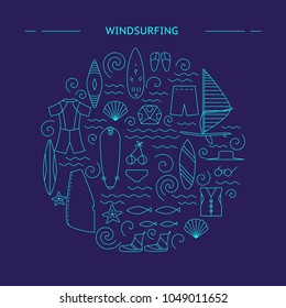 Windsurfing round design. Active sport design concept. Vector illustration.