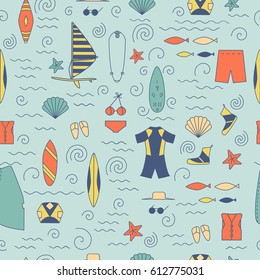 Windsurfing seamless pattern. Vector Summer Surf background.