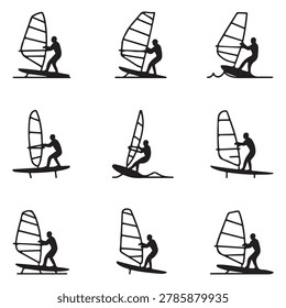 Windsurfing Silhouette Icons Set Vector, Sailboard Water Sport Black Line Art Collection