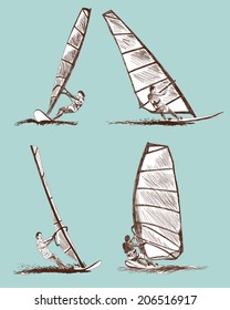 Windsurfing sketch set. Vector EPS 10 illustration without transparency and meshes.