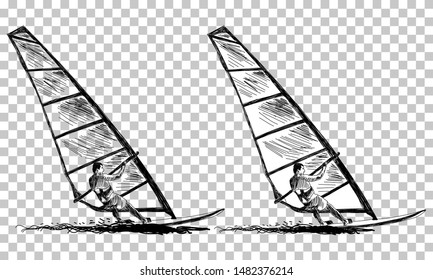 Windsurfing Sketch. Transparency Grid Background Design. Vector Illustration.