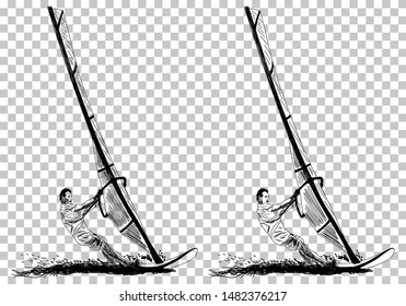Windsurfing Sketch. Transparency Grid Background Design. Vector Illustration.