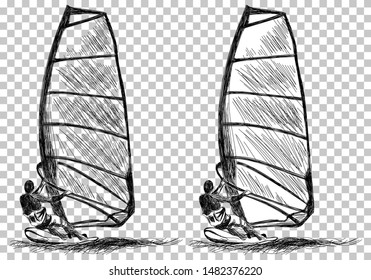 Windsurfing Sketch. Transparency Grid Background Design. Vector Illustration.