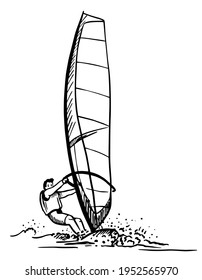 Windsurfing Sketch. Transparency Grid Background Design. Vector Illustration.