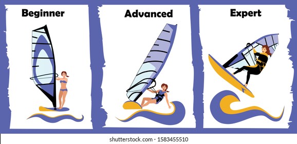 Windsurfing Skills Levels. Beginner Girl Surfer on board with sail. Advanced windsurfer in planning. Expert windsurfer - wave raiding in challenging conditions